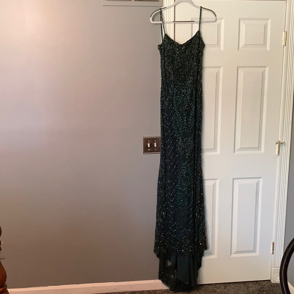 Sherri Hill sewn in beaded, pine green, open back, long train. Worn once. Size 6